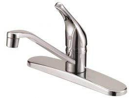 A single-handle, chrome-finished kitchen faucet on a white background.