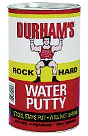 Can of Durham's Rock Hard Water Putty with a muscular figure lifting a barbell.