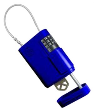 A blue combination padlock with an extended shackle and a loose key on white background.