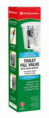 Packaging for a universal toilet fill valve by Fluidmaster with installation guide.