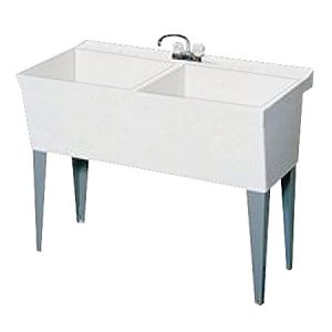 Double basin utility sink with metal legs and a faucet, isolated on a white background.