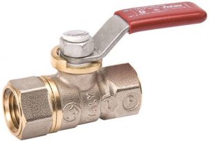 Brass ball valve with a red lever handle on a white background.