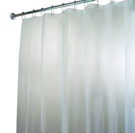 White shower curtain hanging on a metal rod with rings against a white background.