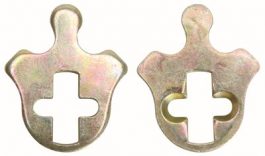 Two metallic keyhole escutcheons on a white background.