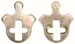 Two metallic keyhole escutcheons on a white background.