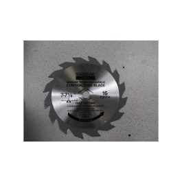 Circular saw blade with teeth on a grey surface, labeled 'Sandvik Genuine Tungsten Carbide.'