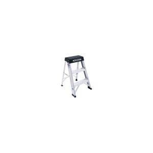 A small, two-step aluminum ladder with a black top platform against a white background.