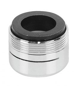 Shiny metal faucet aerator with black rubber inside isolated on white background.