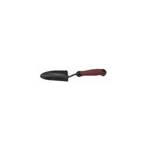 A trowel with a black metal blade and a red handle isolated on a white background.