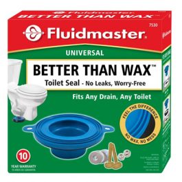 Fluidmaster's "Better Than Wax" universal toilet seal packaging with a 10-year warranty badge.