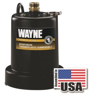 A black WAYNE utility sump pump with a "Made in USA" flag label.