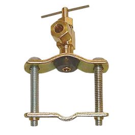 A metal C-clamp with a threaded rod and swivel pad for gripping objects.