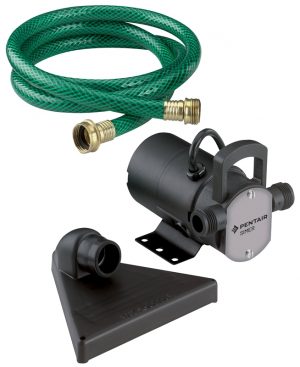 Water pump with green hose and black power cord, including separate black plastic base.
