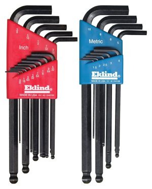 Two sets of Eklind hex keys, one in inches (red holder) and one in metric (blue holder).