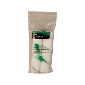 Pack of white paint roller covers in clear packaging with green label.