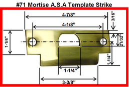 Brass mortise template strike plate with detailed measurements against a white background.