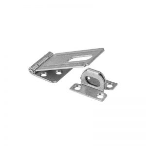 A metal latch and catch mechanism isolated on a white background.
