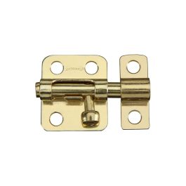 Gold-colored barrel bolt latch on a white background.