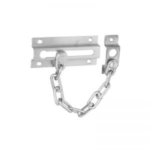 A steel door security latch and chain on a white background.