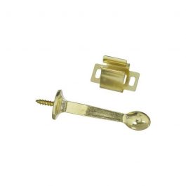 Gold-tone window latch hardware with screw on a white background.