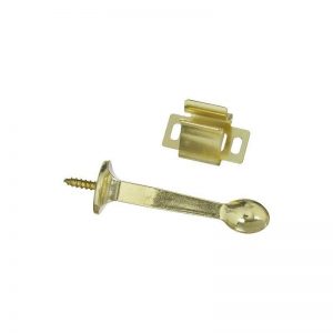 Gold-tone window latch hardware with screw on a white background.