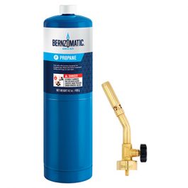 A blue Bernzomatic propane tank next to a brass torch head.