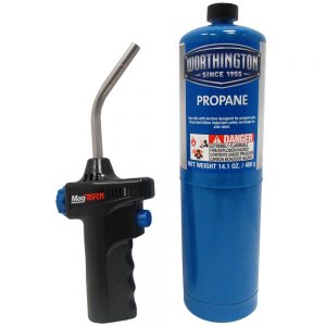 Propane gas cylinder next to a manual ignition torch head on a white background.