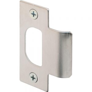 Stainless steel door strike plate with screw holes on white background.