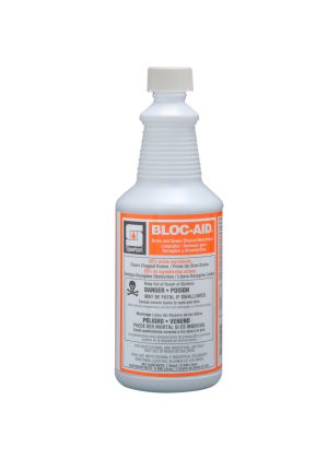 A bottle of Bloc-Aid drain and sewer cleaner with warning labels.