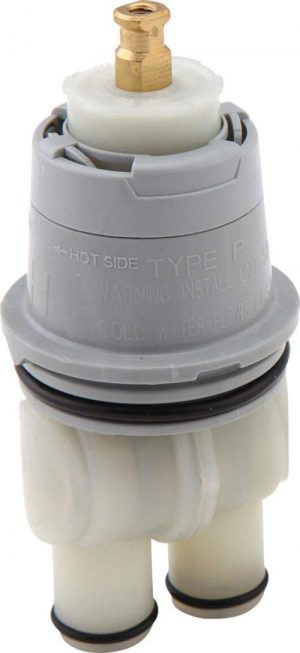 Cartridge for a single-handle mixing valve showing hot and cold side labels.