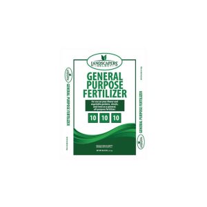 A green and white bag of Landscapers Select General Purpose Fertilizer with a 10-10-10 nutrient ratio.
