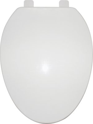 White closed oval toilet seat on a plain background.