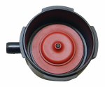 A red diaphragm carburetor from a vehicle on a white background.