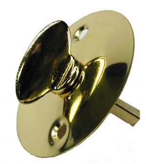 Gold-colored door keyhole cover with a swivel top.