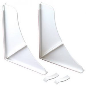 Two white plastic shelf dividers on a white background.
