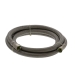 Coiled black garden hose with connector on white background.