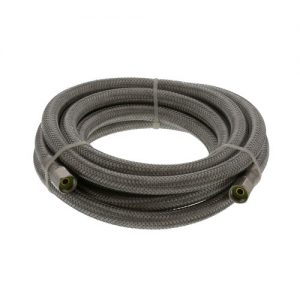 A coiled gray flexible hose with green connectors on both ends against a white background.