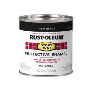 A can of Rust-Oleum flat black protective enamel paint with a 'Stops Rust' label.