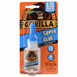 Package of Gorilla Super Glue with a 15-gram bottle on a branded card.