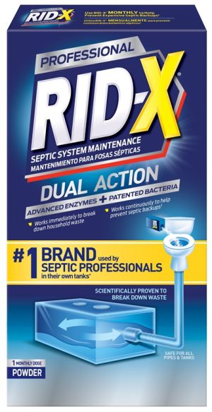 Box of RID-X septic system maintenance powder with dual action enzymes and bacteria.