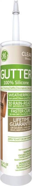 Tube of clear silicone gutter sealant with weatherproof label.