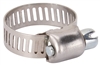Stainless steel hose clamp on a white background.