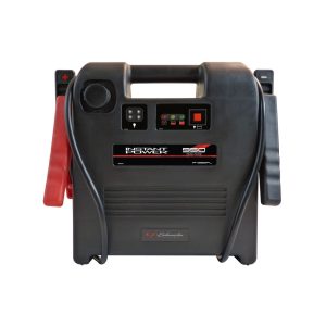 Portable car battery jump starter with cables and control panel.