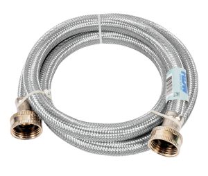 Flexible stainless steel braided hose with brass fittings on a white background.