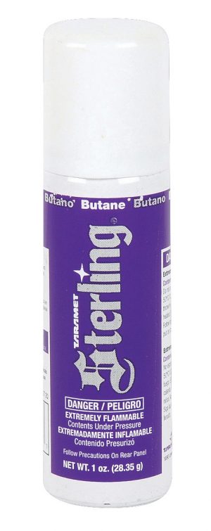 A canister of butane labeled with hazard warnings against a white background.