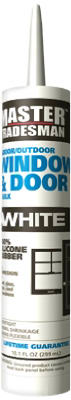 A tube of white window and door silicone sealant against a white background.