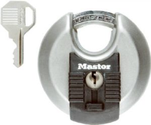 A Master brand padlock with key on a white background.