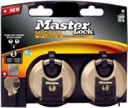 Packaged Master Lock Magnum padlocks on display for sale.