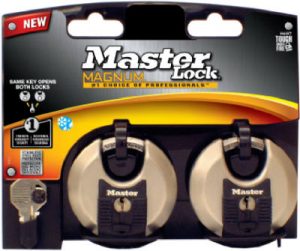 Packaged Master Lock Magnum padlocks on display for sale.