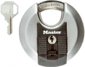 A Master padlock and key isolated on a white background.